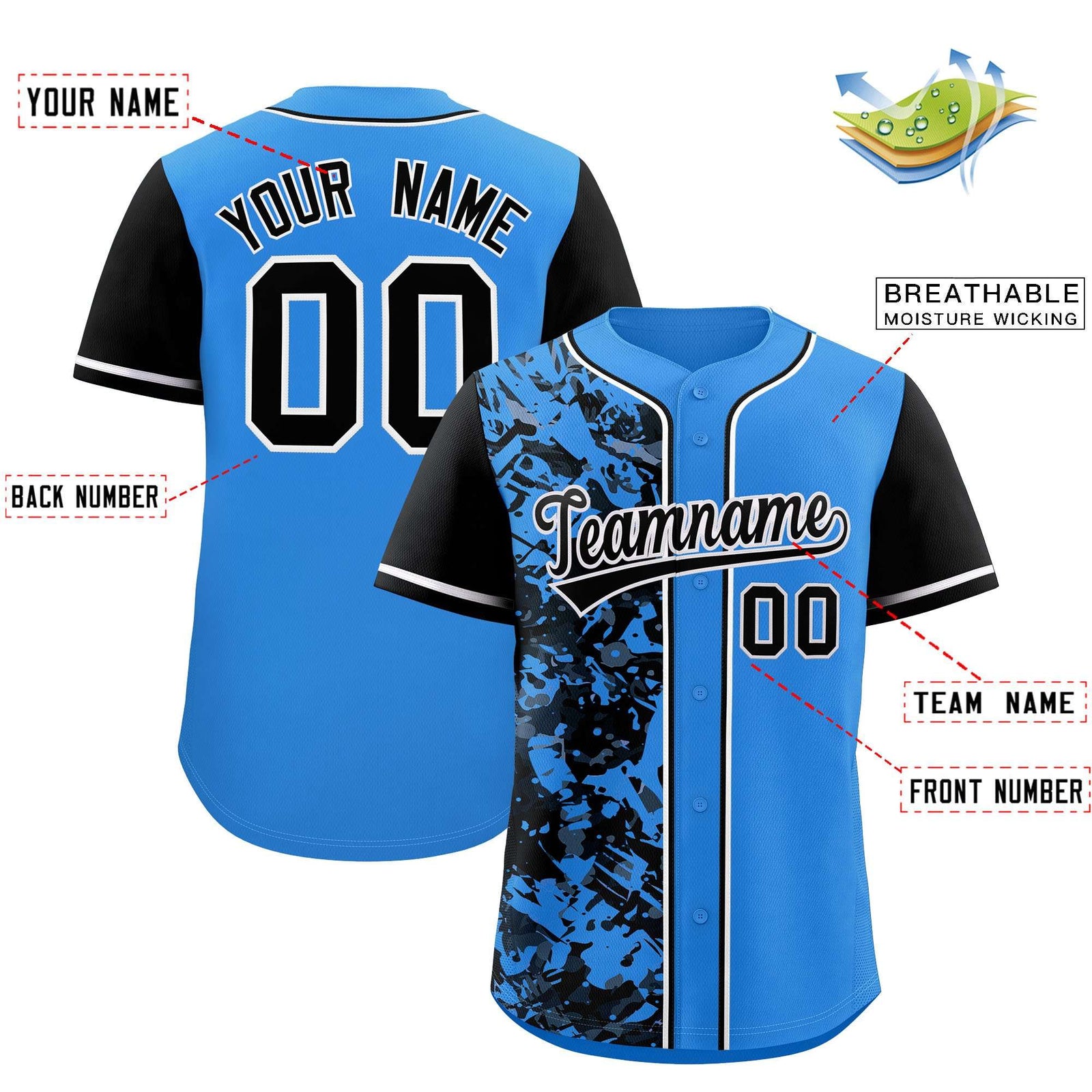 Custom Blue Black Split Personalized Graffiti Raglan Sleeve Authentic Baseball Jersey