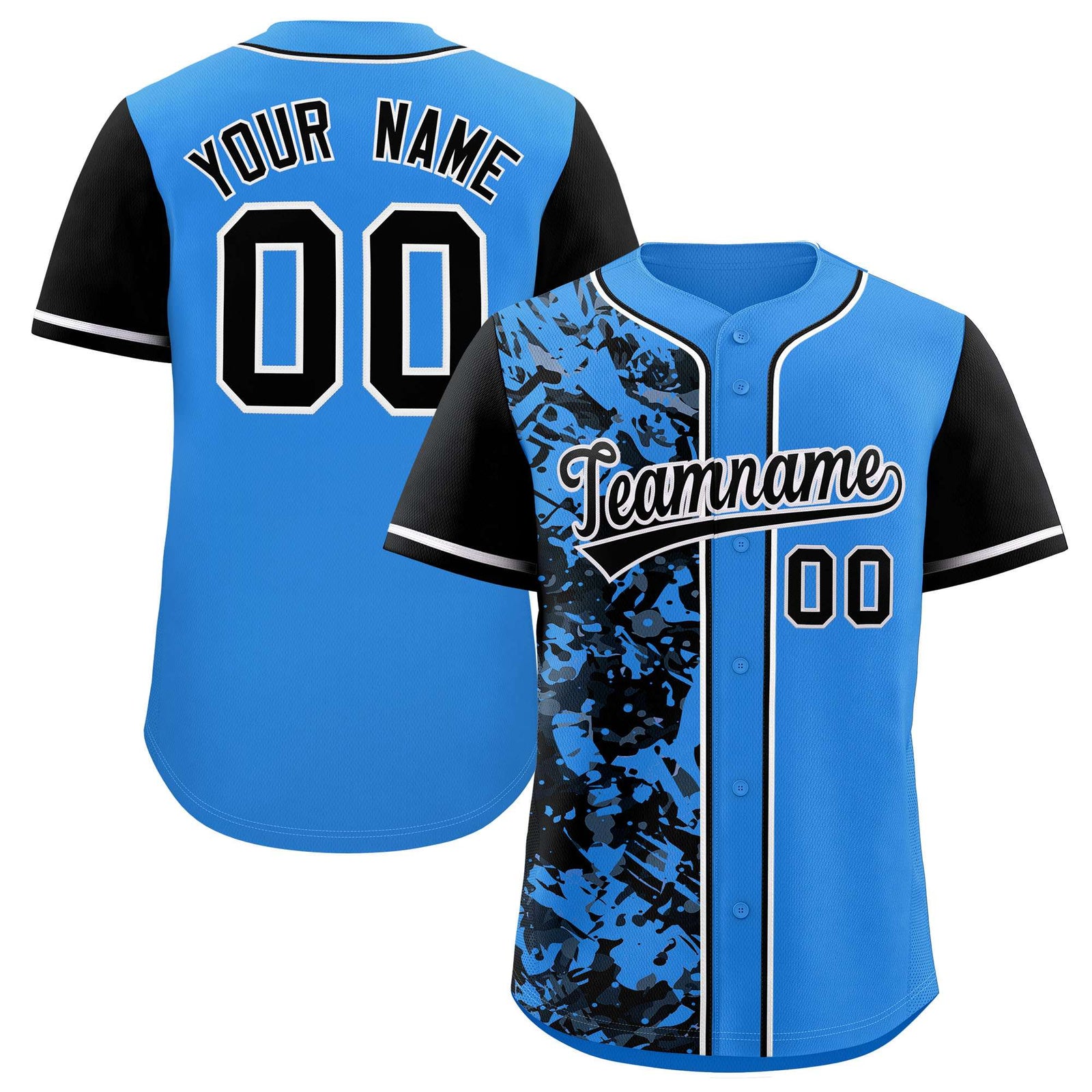 Custom Blue Black Split Personalized Graffiti Raglan Sleeve Authentic Baseball Jersey