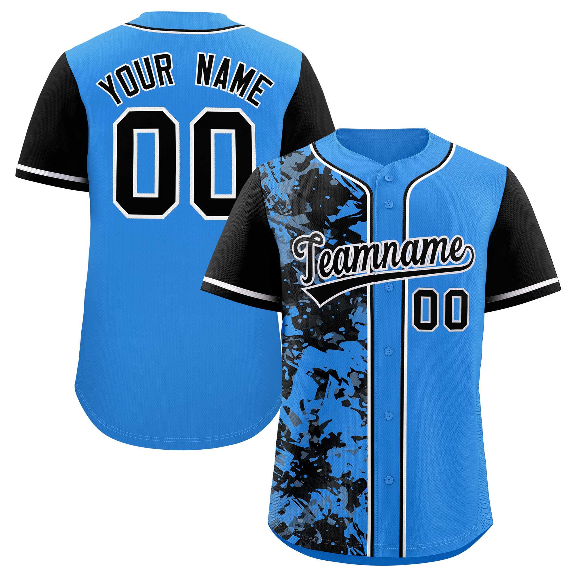Custom Blue Black Split Personalized Graffiti Raglan Sleeve Authentic Baseball Jersey