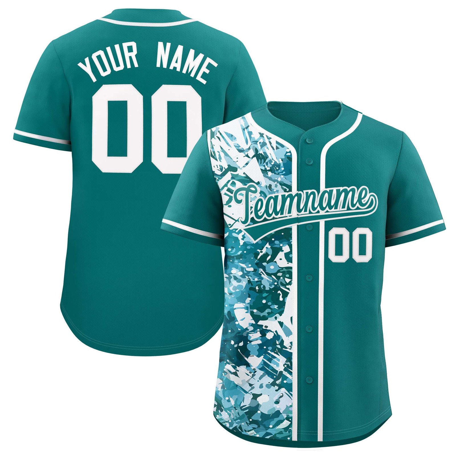 Custom Aqua White Split Personalized Graffiti Raglan Sleeve Authentic Baseball Jersey