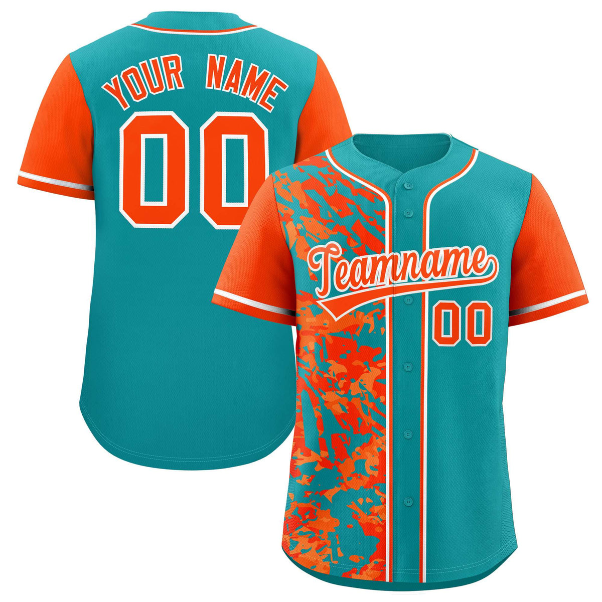 Custom Aqua Orange Split Personalized Graffiti Raglan Sleeve Authentic Baseball Jersey