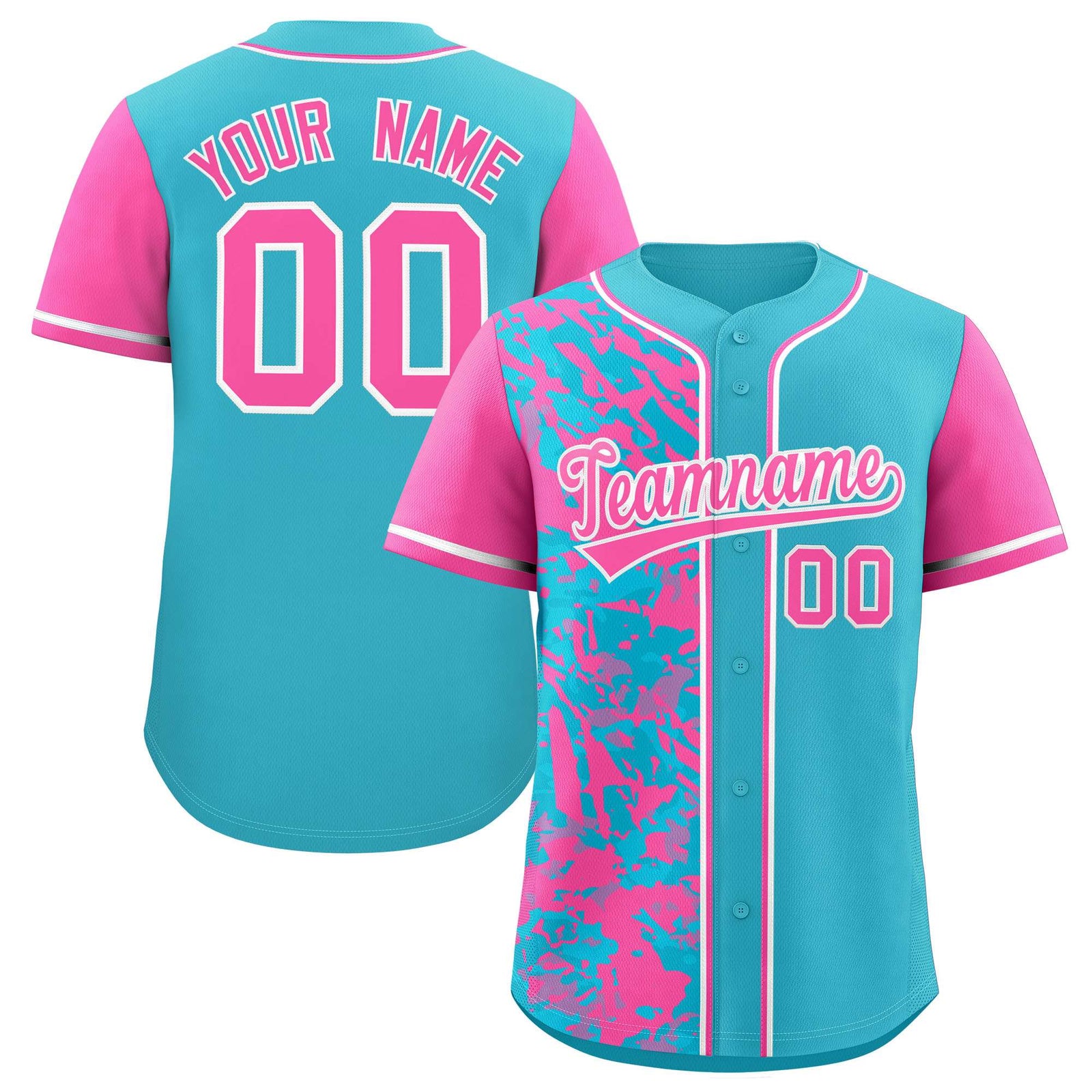 Custom Sky Blue Pink Split Personalized Graffiti Raglan Sleeve Authentic Baseball Jersey