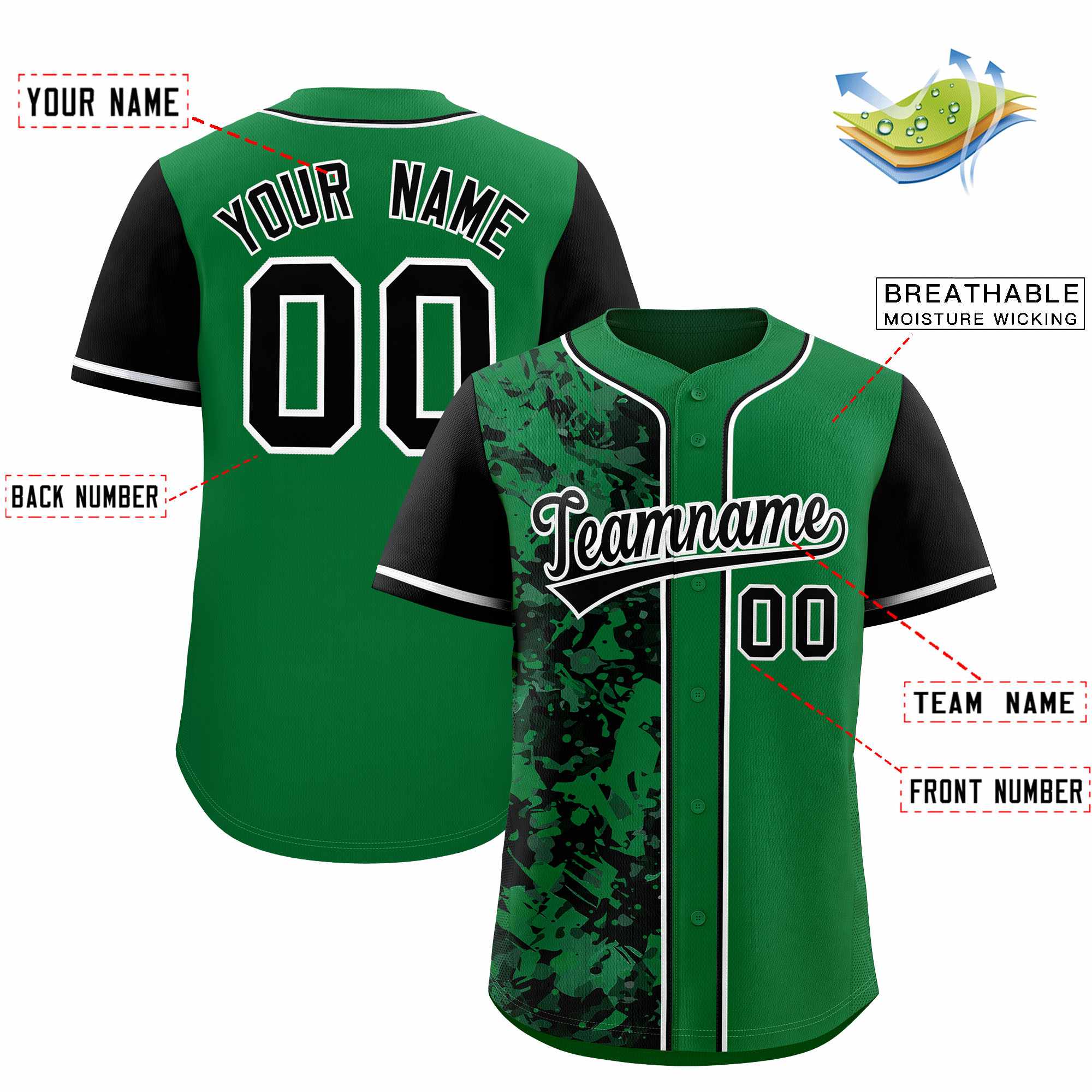Custom Green Black Split Personalized Graffiti Raglan Sleeve Authentic Baseball Jersey