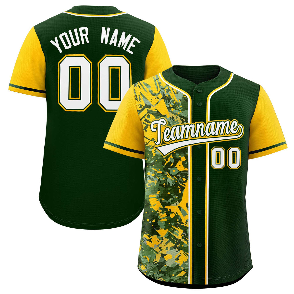 Custom Green Yellow Split Personalized Graffiti Raglan Sleeve Authentic Baseball Jersey