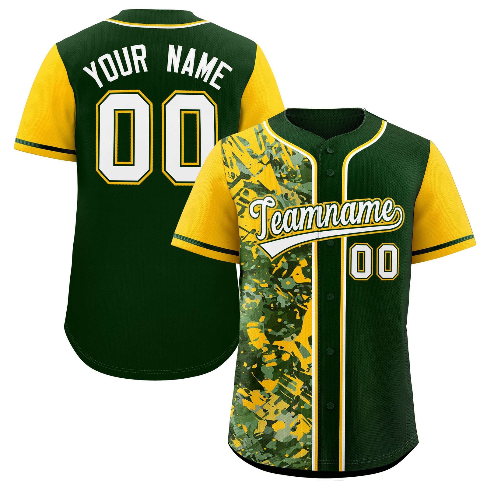 Custom Green Yellow Split Personalized Graffiti Raglan Sleeve Authentic Baseball Jersey