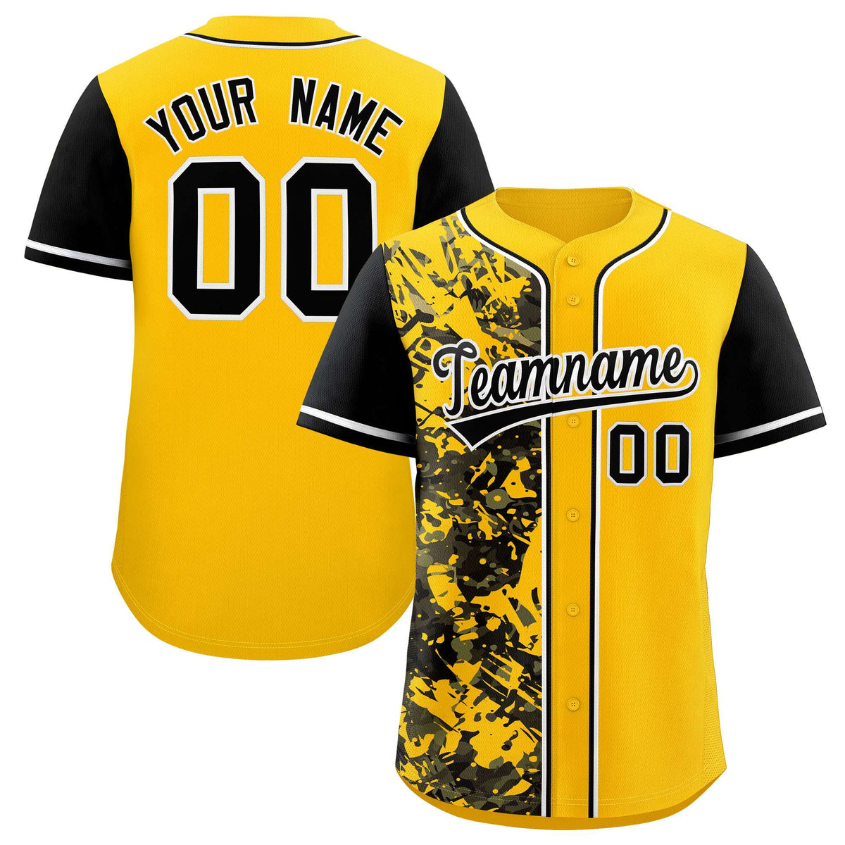 Custom Yellow Black Split Personalized Graffiti Raglan Sleeve Authentic Baseball Jersey