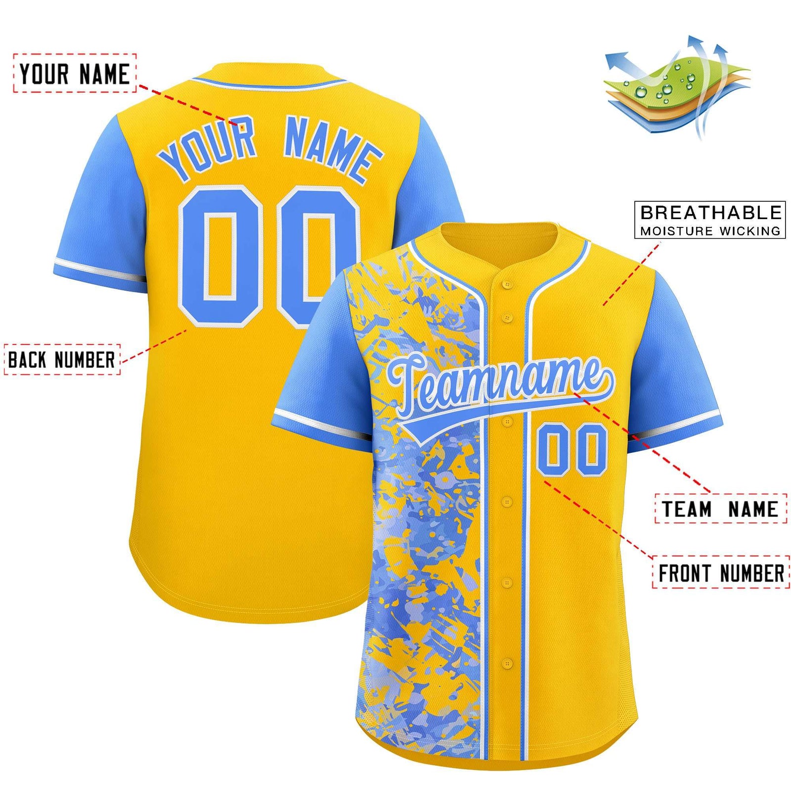 Custom Yellow Powder Blue Split Personalized Graffiti Raglan Sleeve Authentic Baseball Jersey