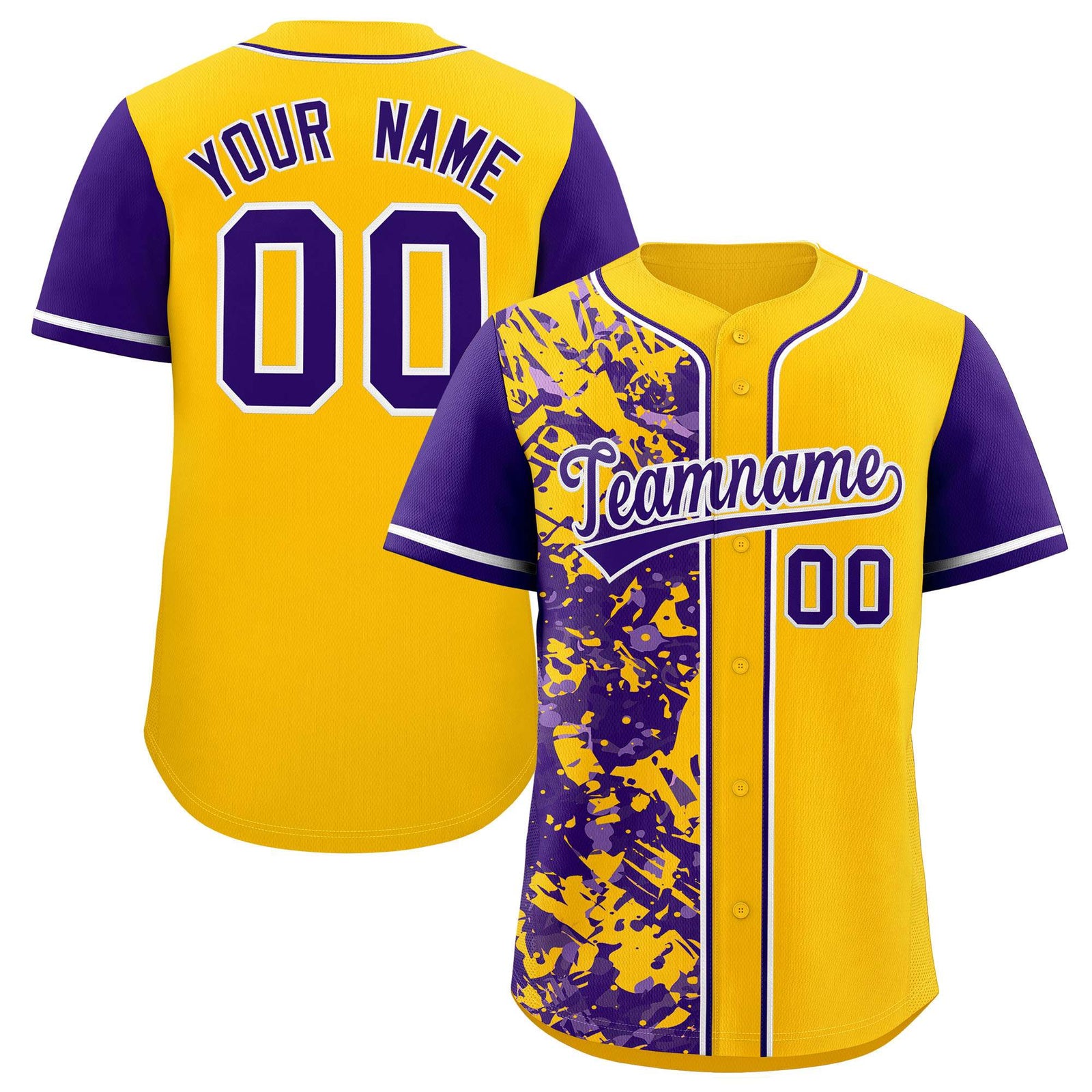 Custom Yellow Purple Split Personalized Graffiti Raglan Sleeve Authentic Baseball Jersey