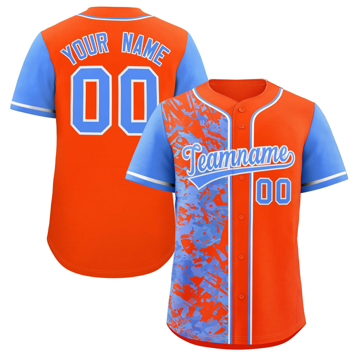 Custom Orange Powder Blue Split Personalized Graffiti Raglan Sleeve Authentic Baseball Jersey
