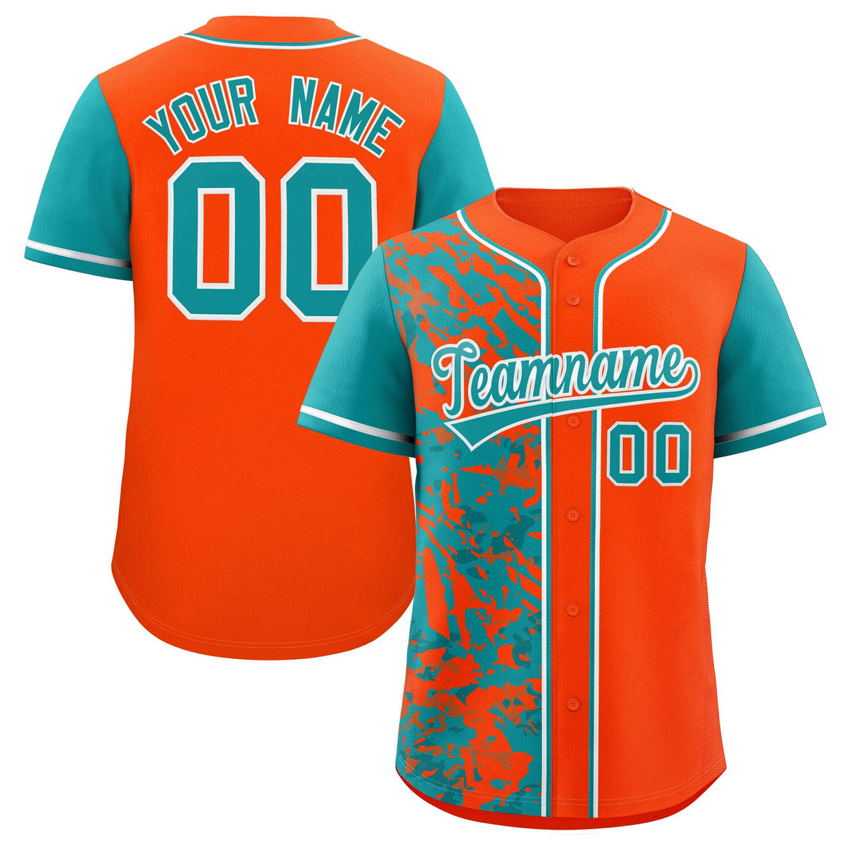 Custom Orange Aqua Split Personalized Graffiti Raglan Sleeve Authentic Baseball Jersey