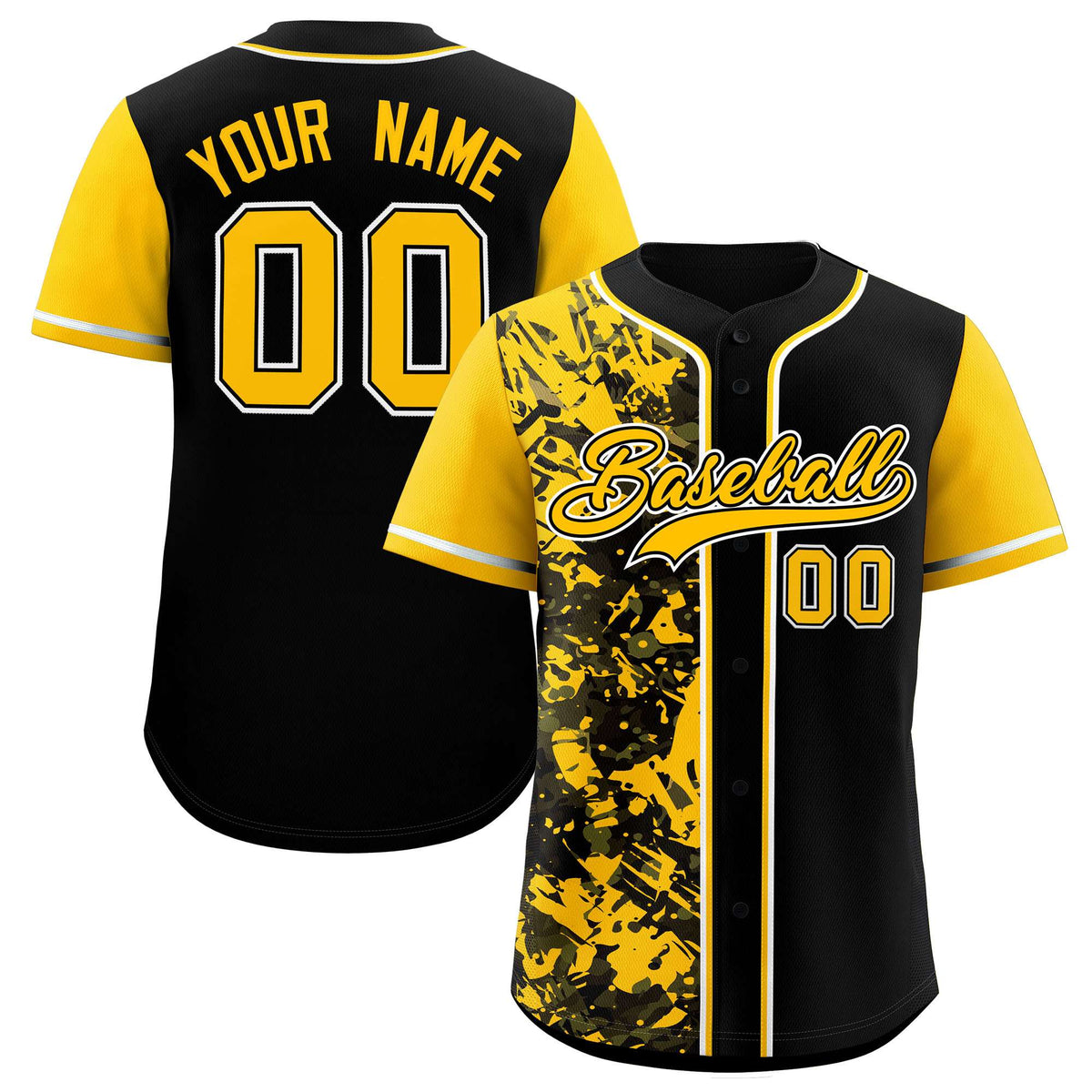 Custom Black Yellow Split Personalized Graffiti Raglan Sleeve Authentic Baseball Jersey