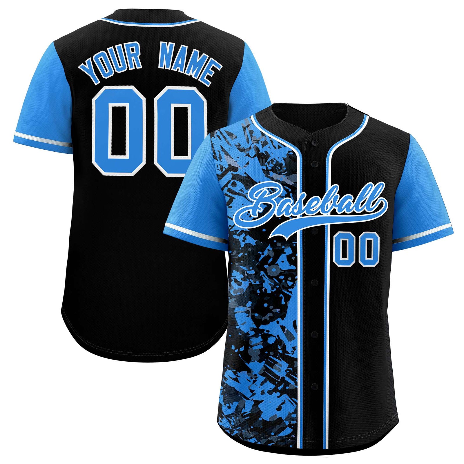 Custom Black Blue Split Personalized Graffiti Raglan Sleeve Authentic Baseball Jersey