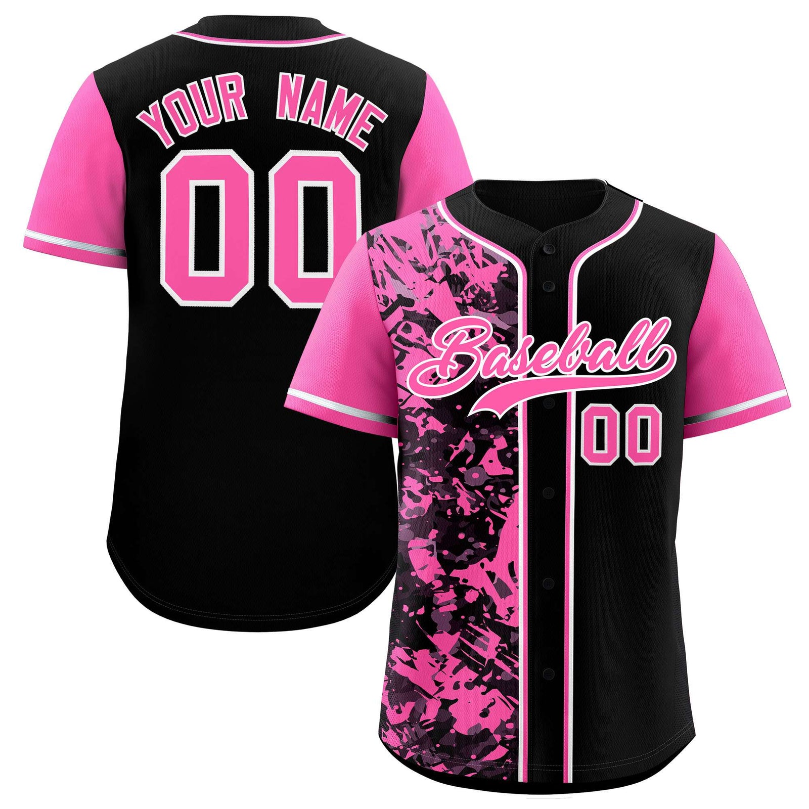Custom Black Pink Split Personalized Graffiti Raglan Sleeve Authentic Baseball Jersey