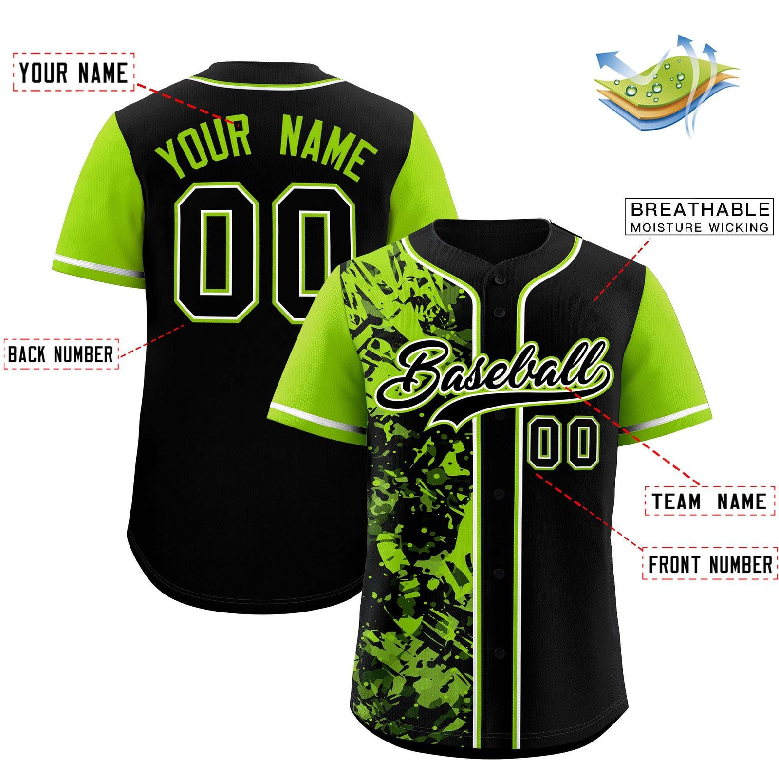 Custom Black Neon Green Split Personalized Graffiti Raglan Sleeve Authentic Baseball Jersey