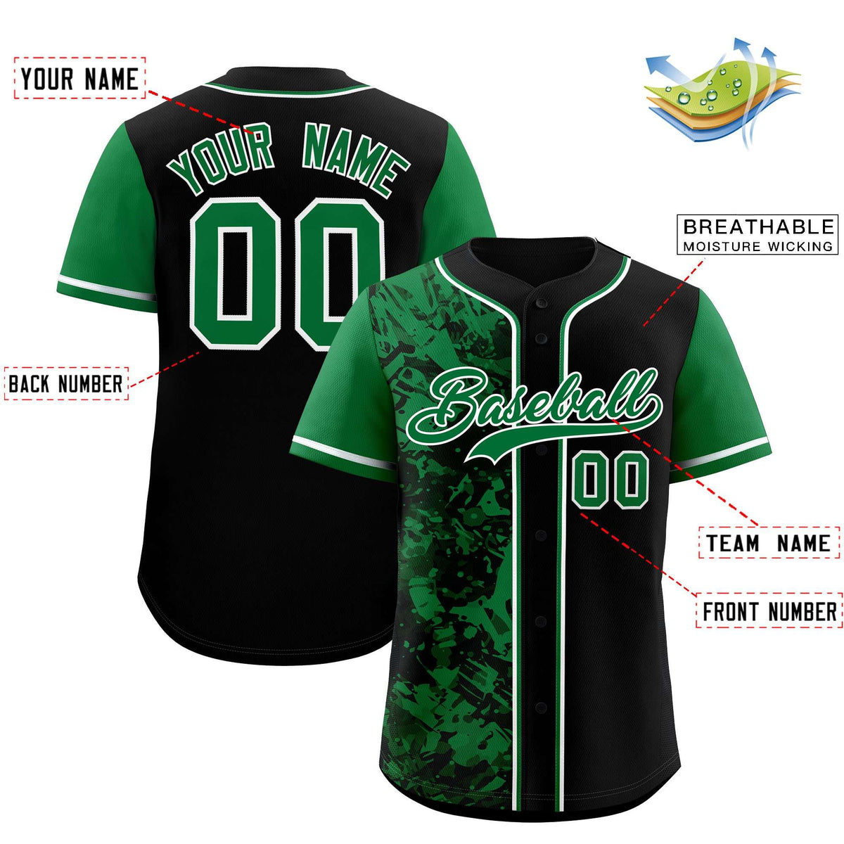 Custom Black Green Split Personalized Graffiti Raglan Sleeve Authentic Baseball Jersey