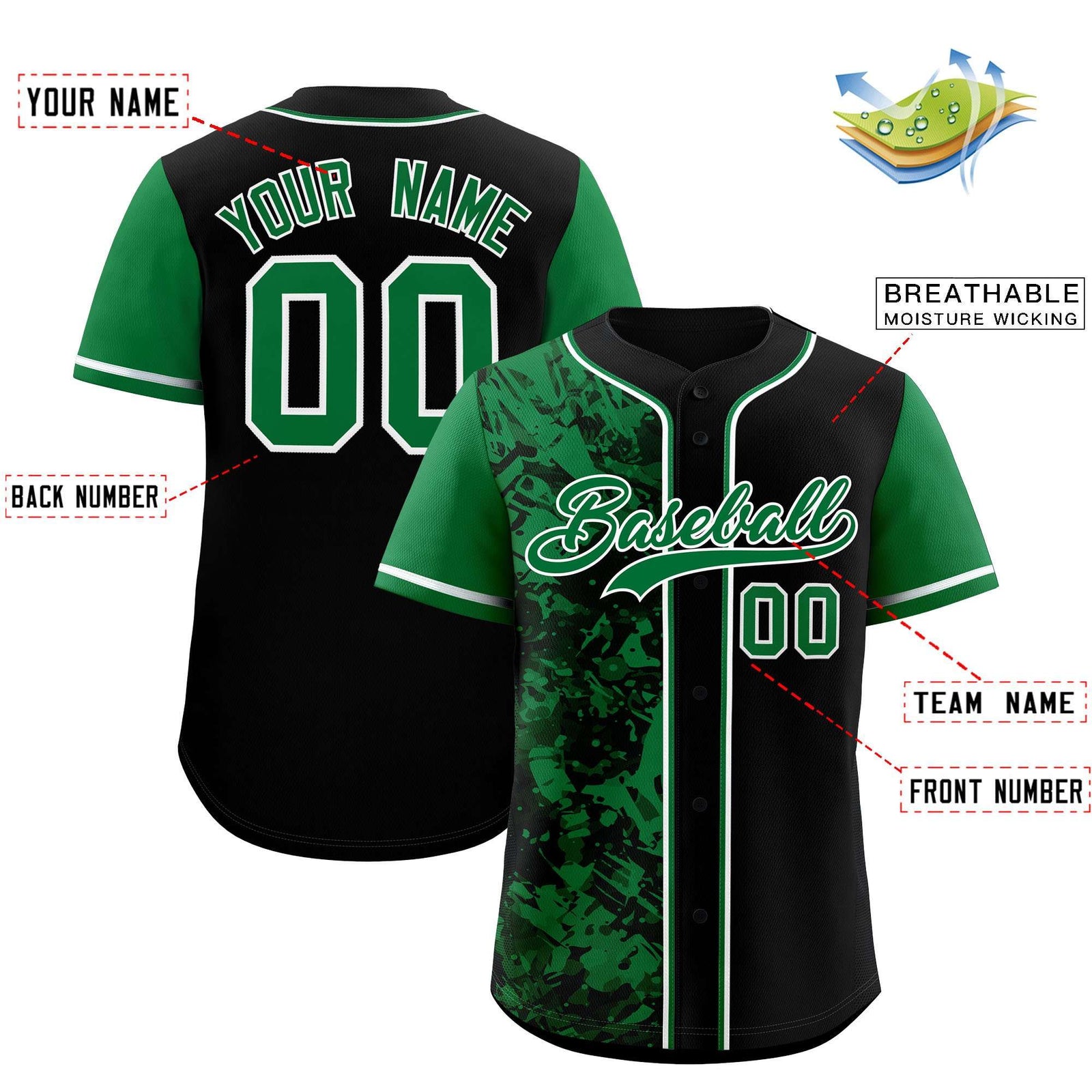 Custom Black Green Split Personalized Graffiti Raglan Sleeve Authentic Baseball Jersey