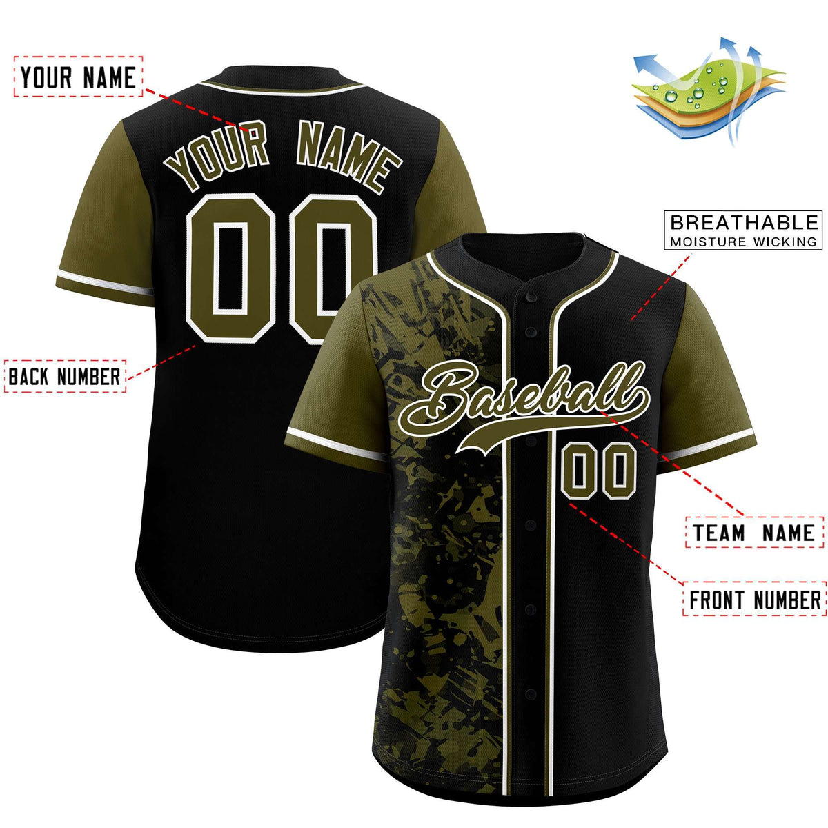 Custom Black Olive Split Personalized Graffiti Raglan Sleeve Authentic Baseball Jersey
