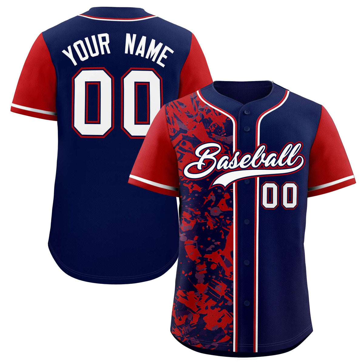 Custom Navy Red Split Personalized Graffiti Raglan Sleeve Authentic Baseball Jersey