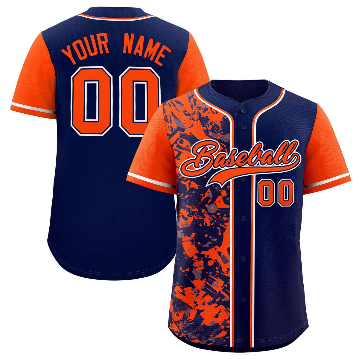 Custom Navy Orange Split Personalized Graffiti Raglan Sleeve Authentic Baseball Jersey