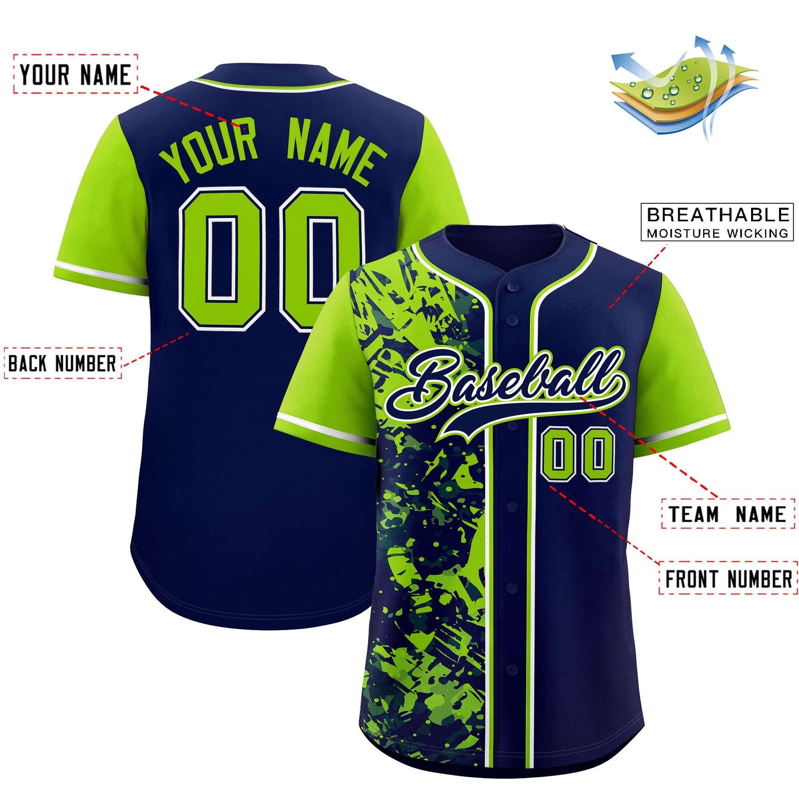 Custom Navy Neon Green Split Personalized Graffiti Raglan Sleeve Authentic Baseball Jersey