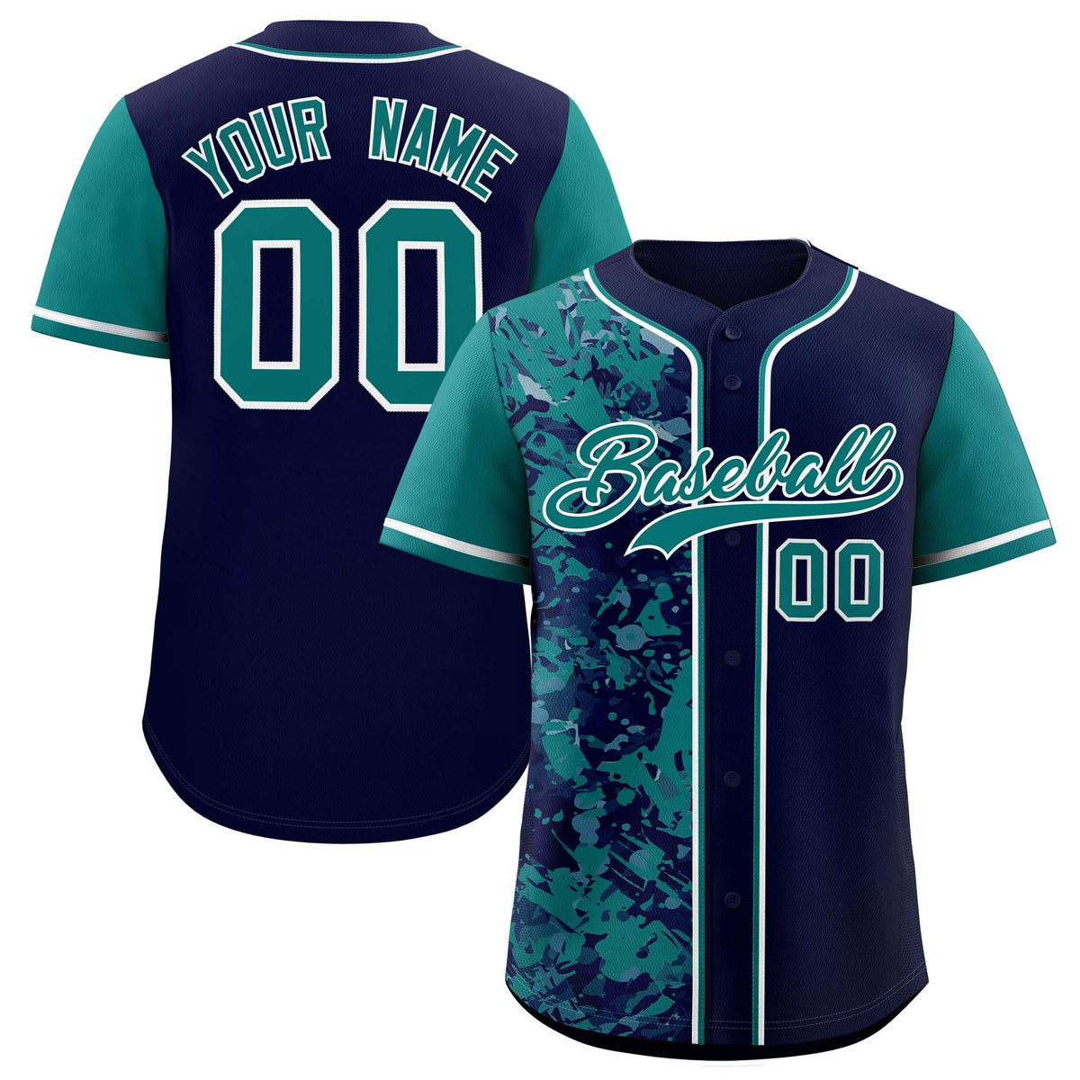 Custom Navy Aqua Split Personalized Graffiti Raglan Sleeve Authentic Baseball Jersey