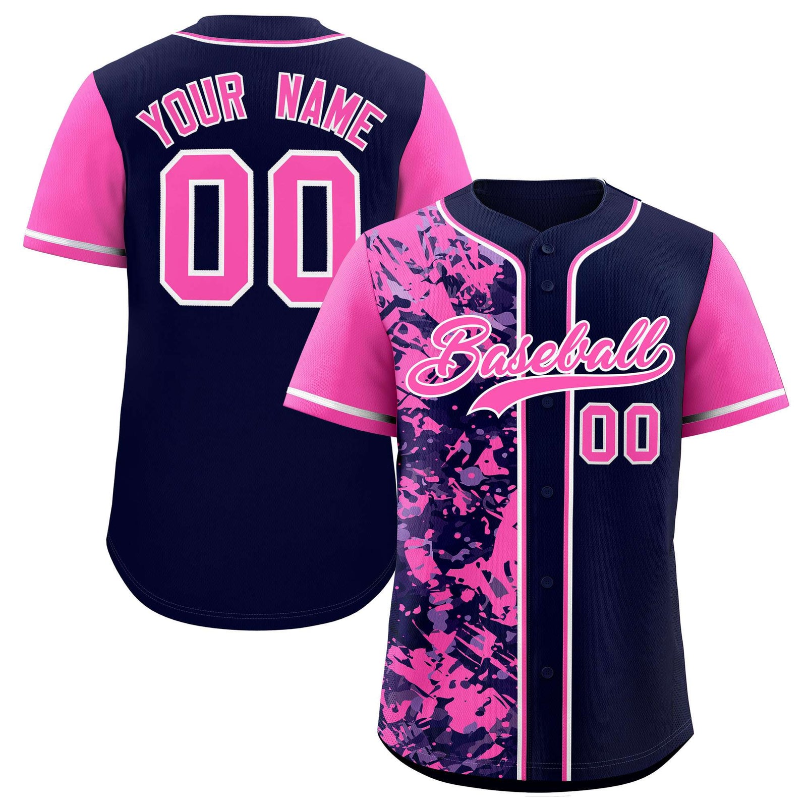 Custom Navy Pink Split Personalized Graffiti Raglan Sleeve Authentic Baseball Jersey