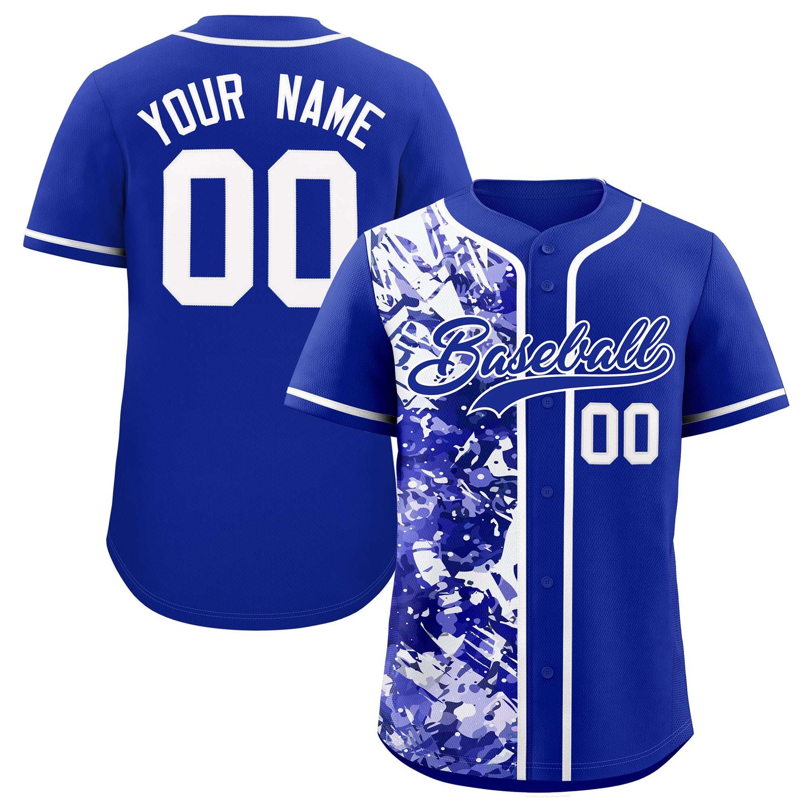 Custom Royal White Split Personalized Graffiti Raglan Sleeve Authentic Baseball Jersey