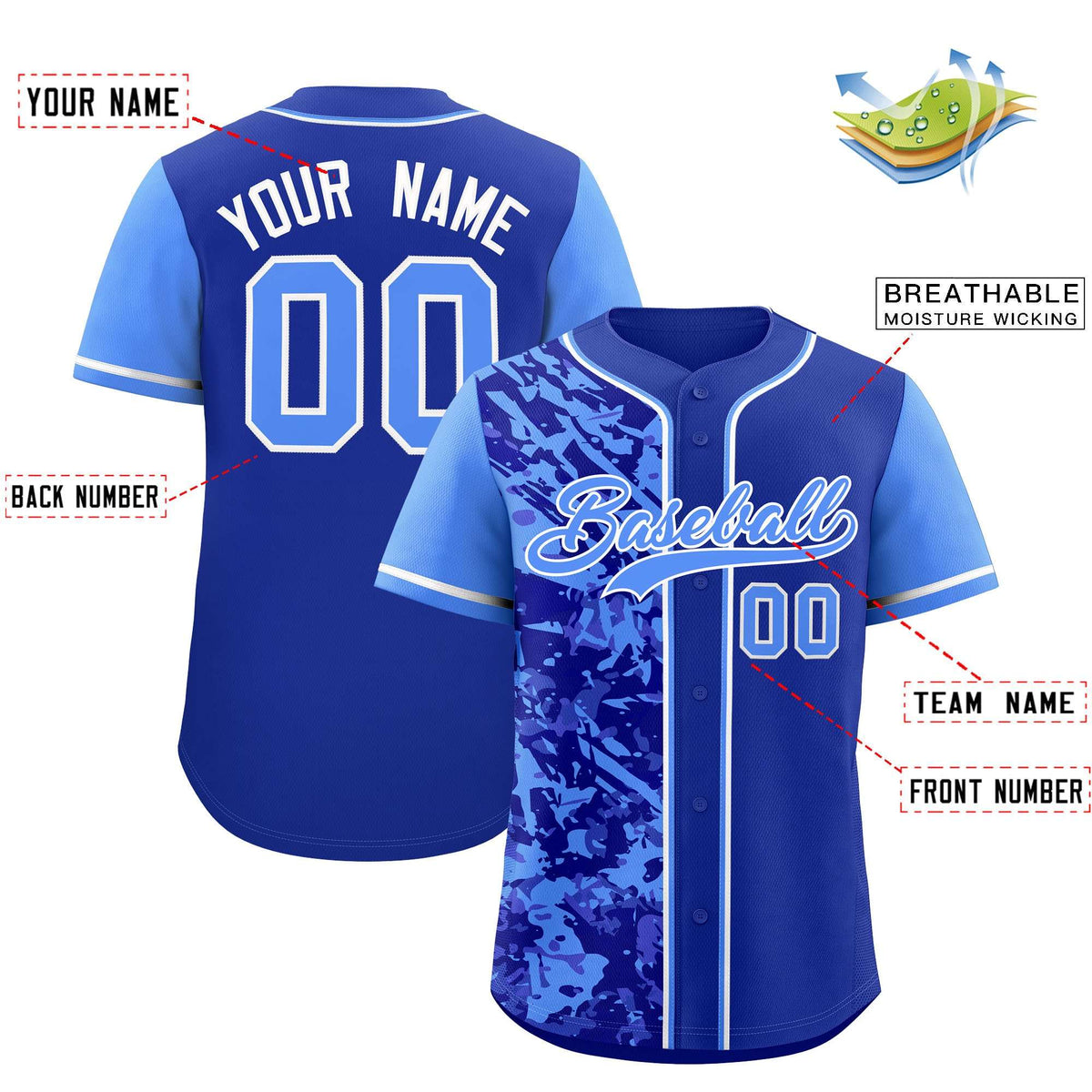 Custom Royal Blue Split Personalized Graffiti Raglan Sleeve Authentic Baseball Jersey