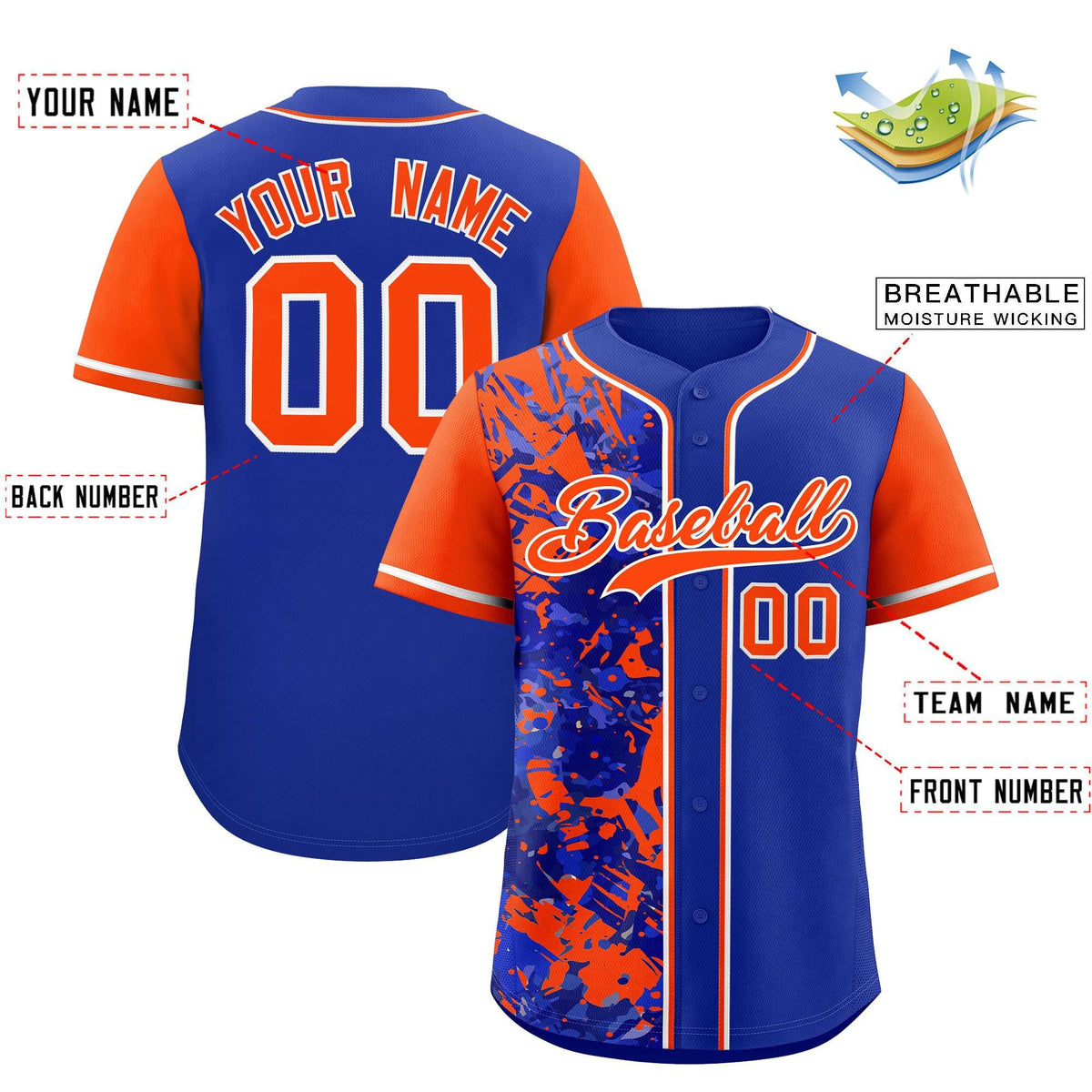 Custom Royal Orange Split Personalized Graffiti Raglan Sleeve Authentic Baseball Jersey