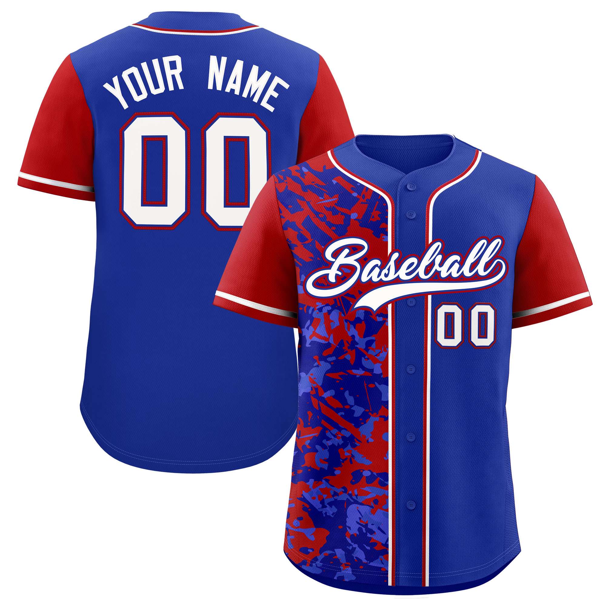 Custom Royal Red Split Personalized Graffiti Raglan Sleeve Authentic Baseball Jersey
