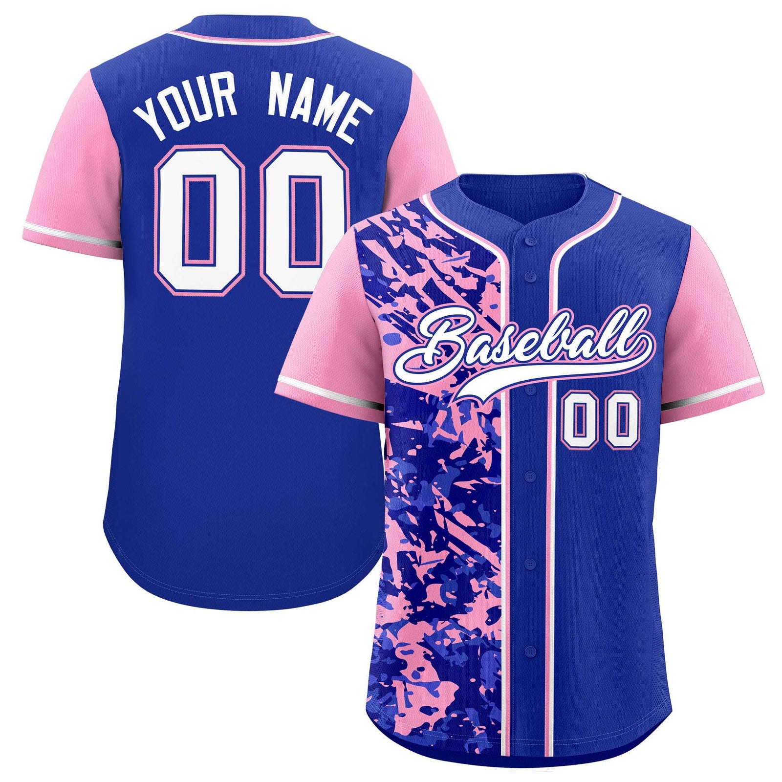 Custom Royal Light Pink Split Personalized Graffiti Raglan Sleeve Authentic Baseball Jersey