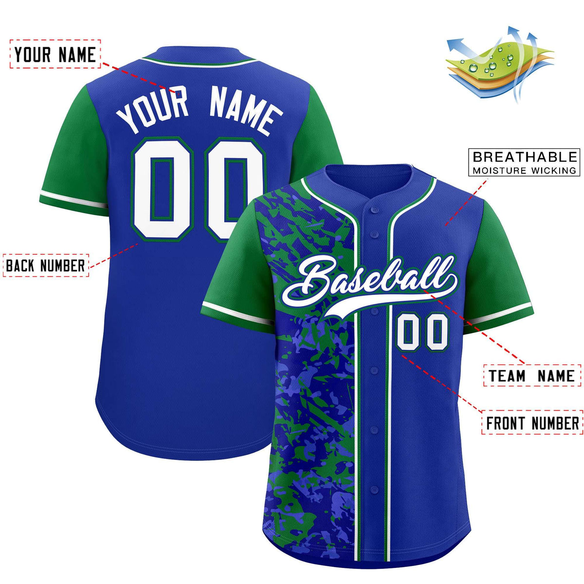 Custom Royal Green Split Personalized Graffiti Raglan Sleeve Authentic Baseball Jersey