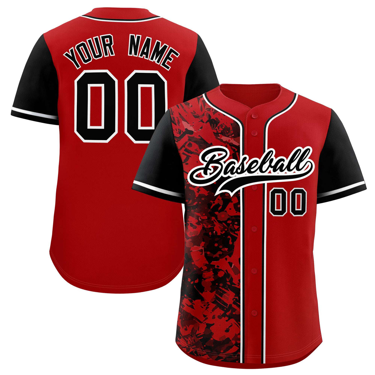 Custom Red Black Split Personalized Graffiti Raglan Sleeve Authentic Baseball Jersey
