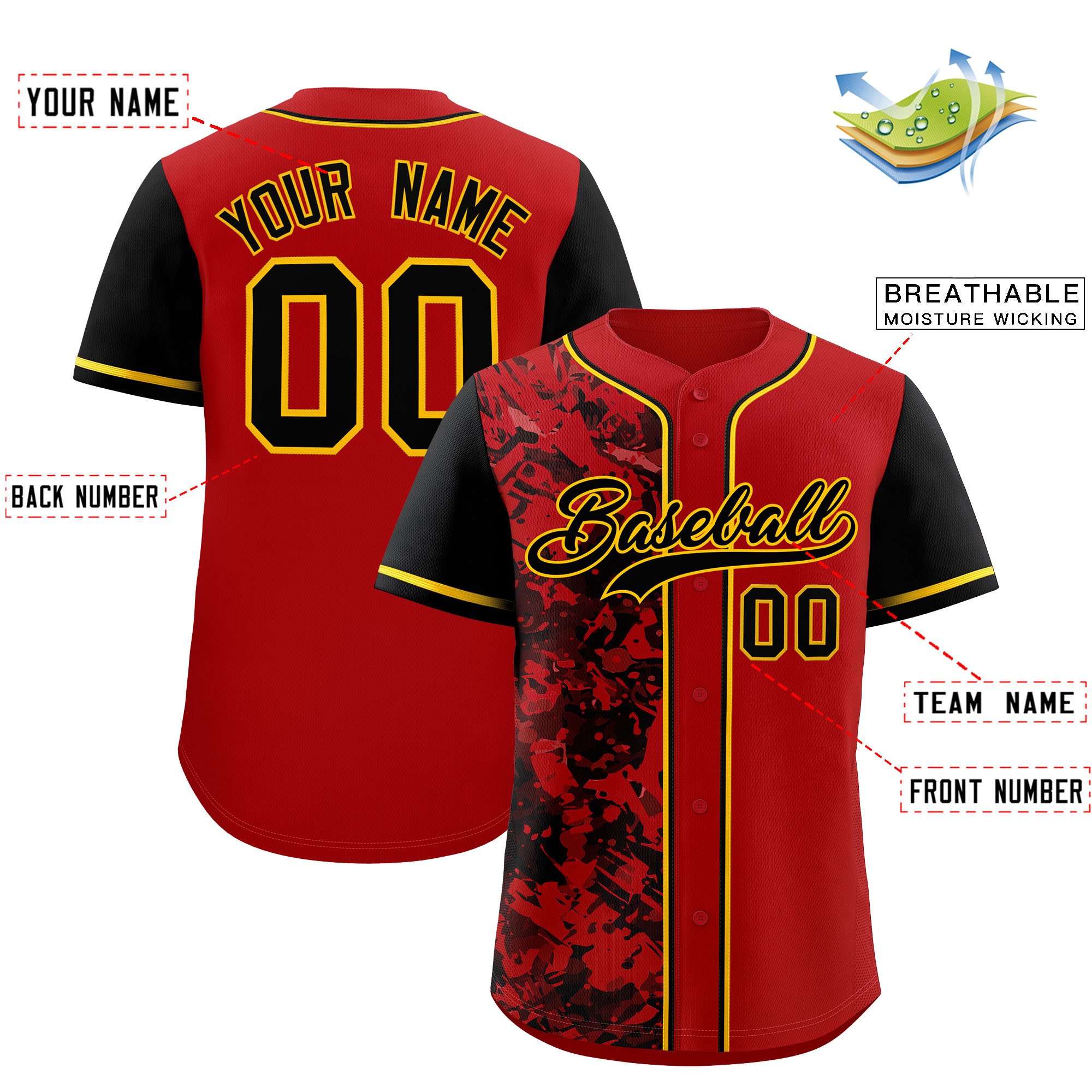 Custom Red Black Split Personalized Graffiti Raglan Sleeve Authentic Baseball Jersey