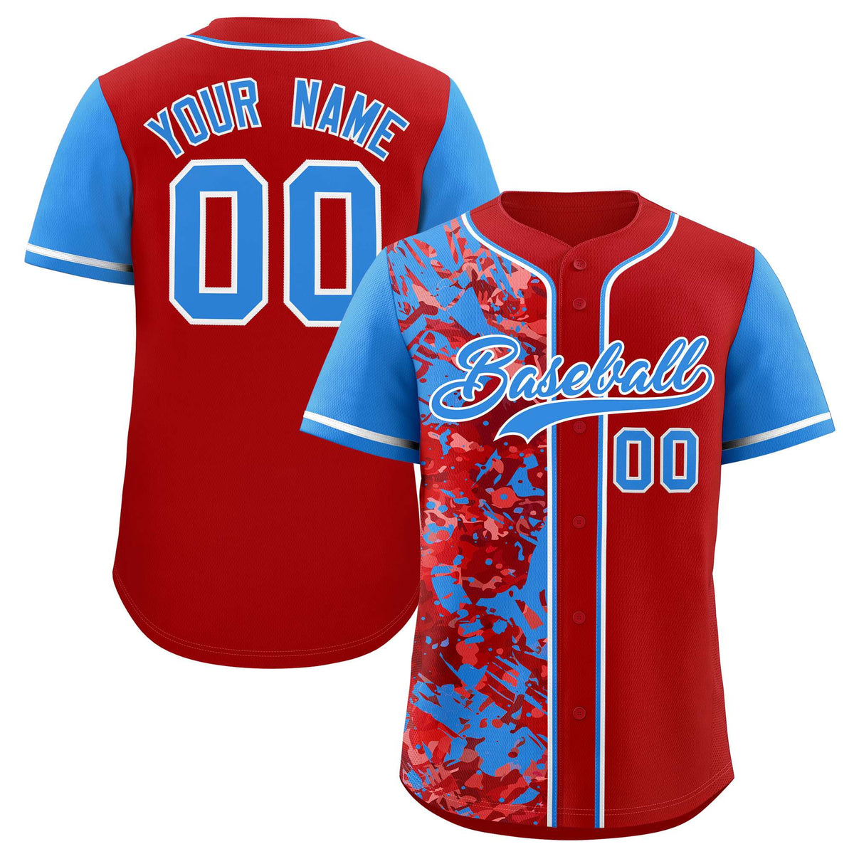 Custom Red Blue Split Personalized Graffiti Raglan Sleeve Authentic Baseball Jersey
