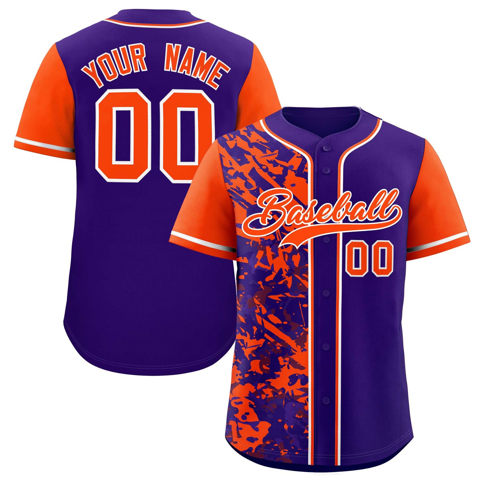 Custom Purple Orange Split Personalized Graffiti Raglan Sleeve Authentic Baseball Jersey
