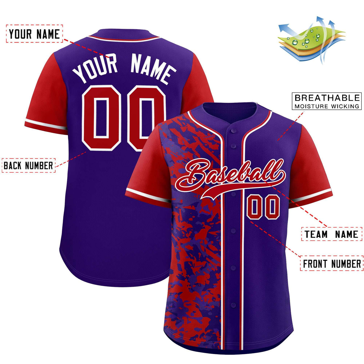 Custom Purple Red Split Personalized Graffiti Raglan Sleeve Authentic Baseball Jersey