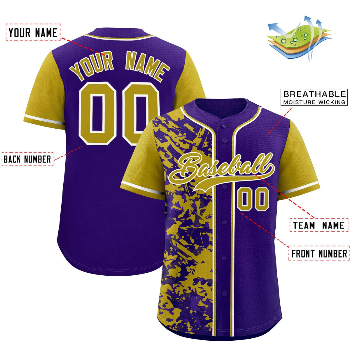 Custom Purple Old Gold Split Personalized Graffiti Raglan Sleeve Authentic Baseball Jersey