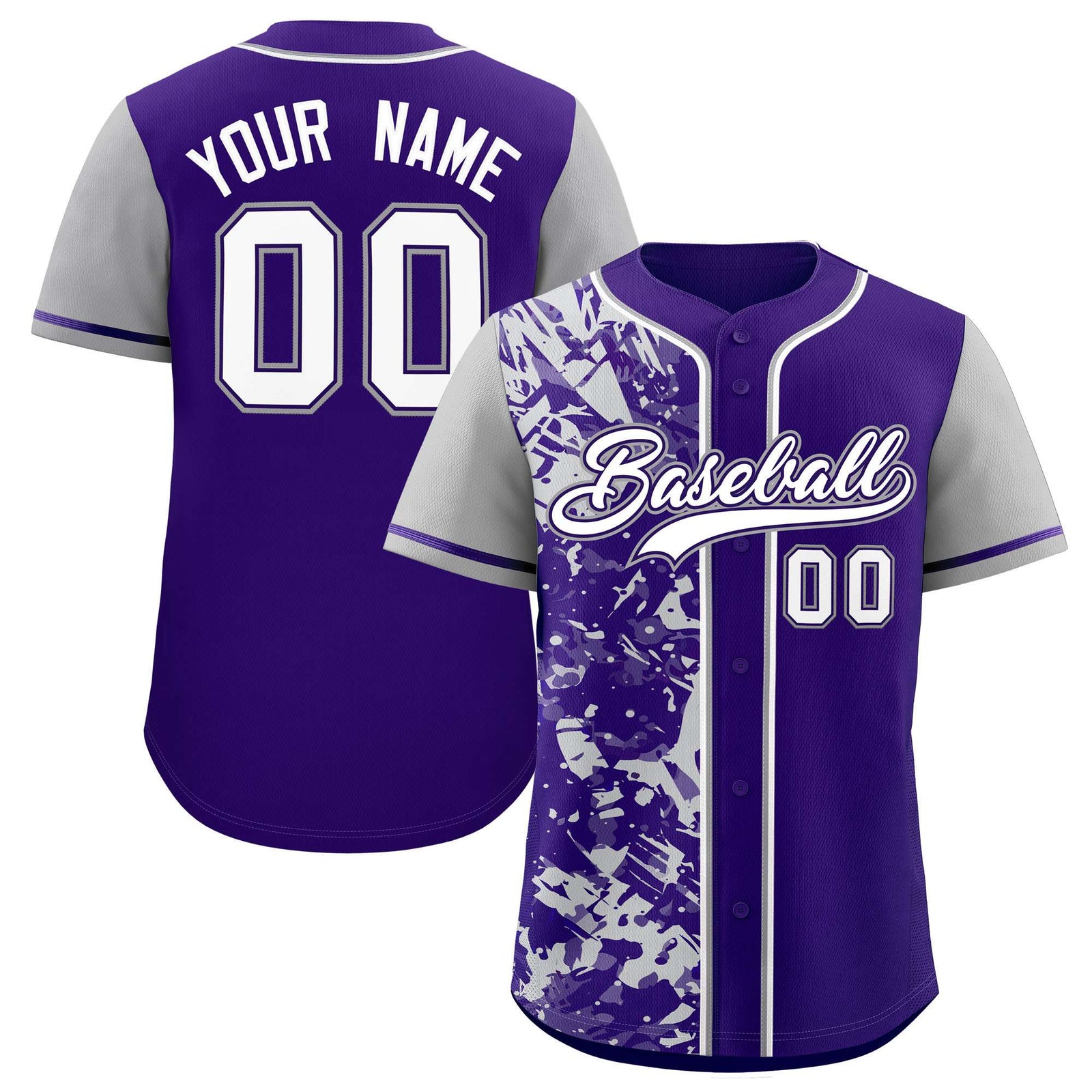 Custom Purple Gray Split Personalized Graffiti Raglan Sleeve Authentic Baseball Jersey