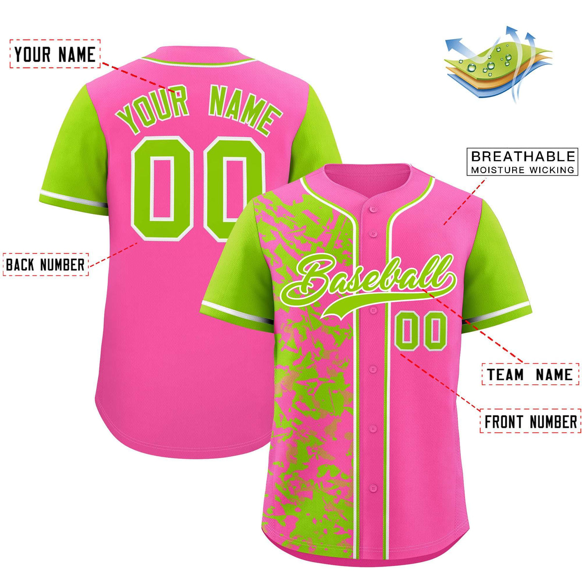 Custom Pink Neon Green Split Personalized Graffiti Raglan Sleeve Authentic Baseball Jersey