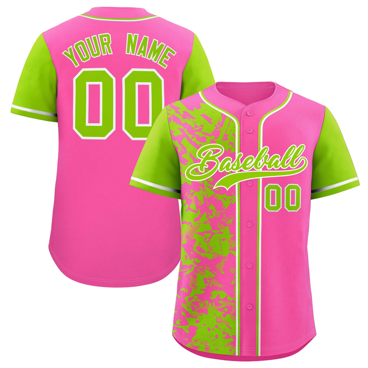 Custom Pink Neon Green Split Personalized Graffiti Raglan Sleeve Authentic Baseball Jersey