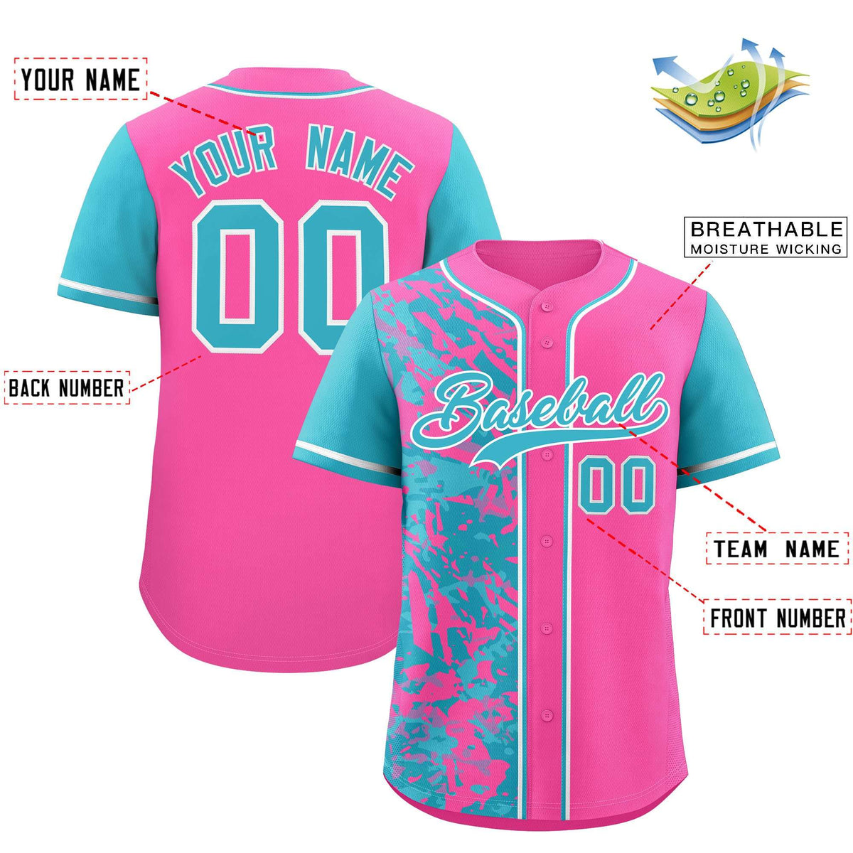 Custom Pink Sky Blue Split Personalized Graffiti Raglan Sleeve Authentic Baseball Jersey