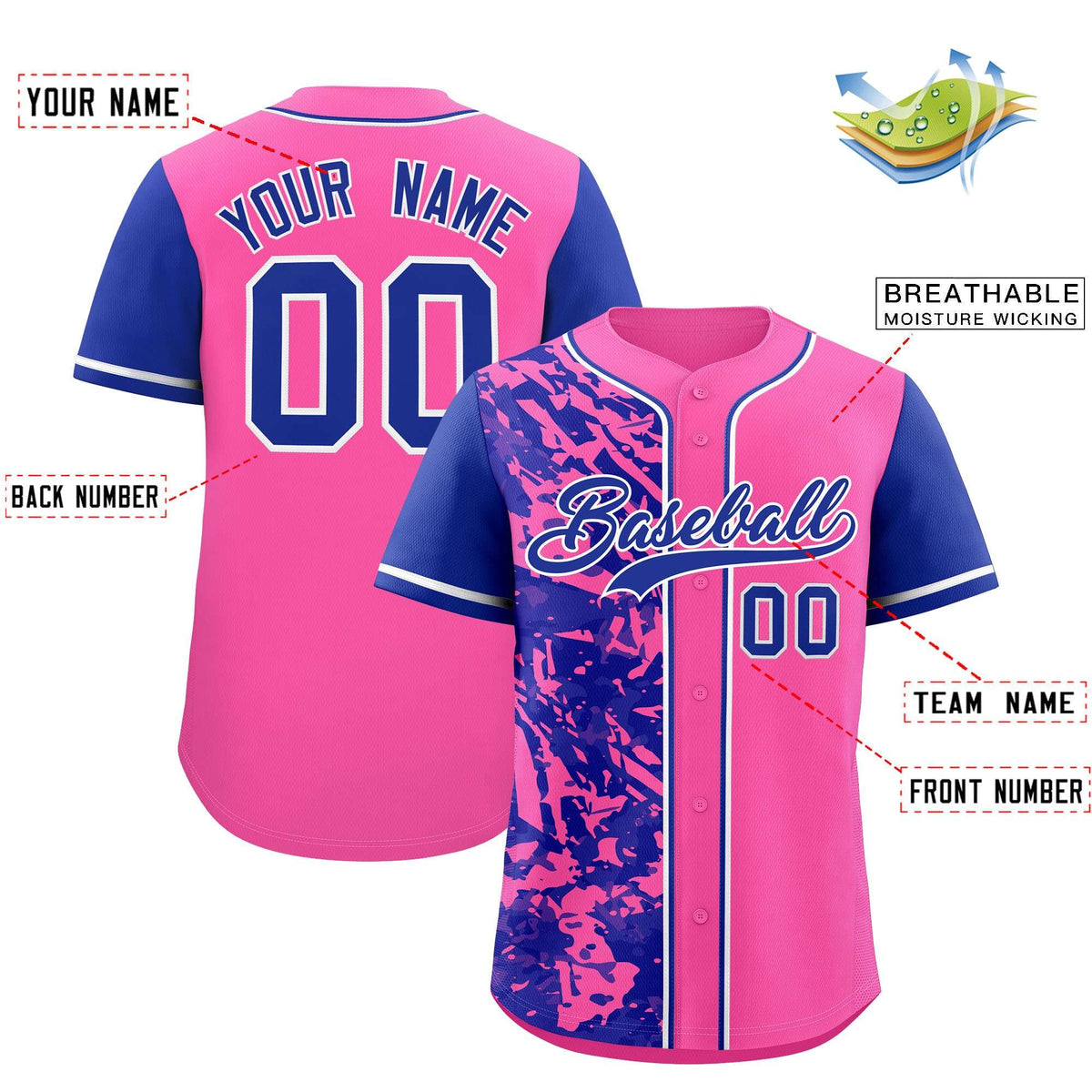 Custom Pink Royal Split Personalized Graffiti Raglan Sleeve Authentic Baseball Jersey