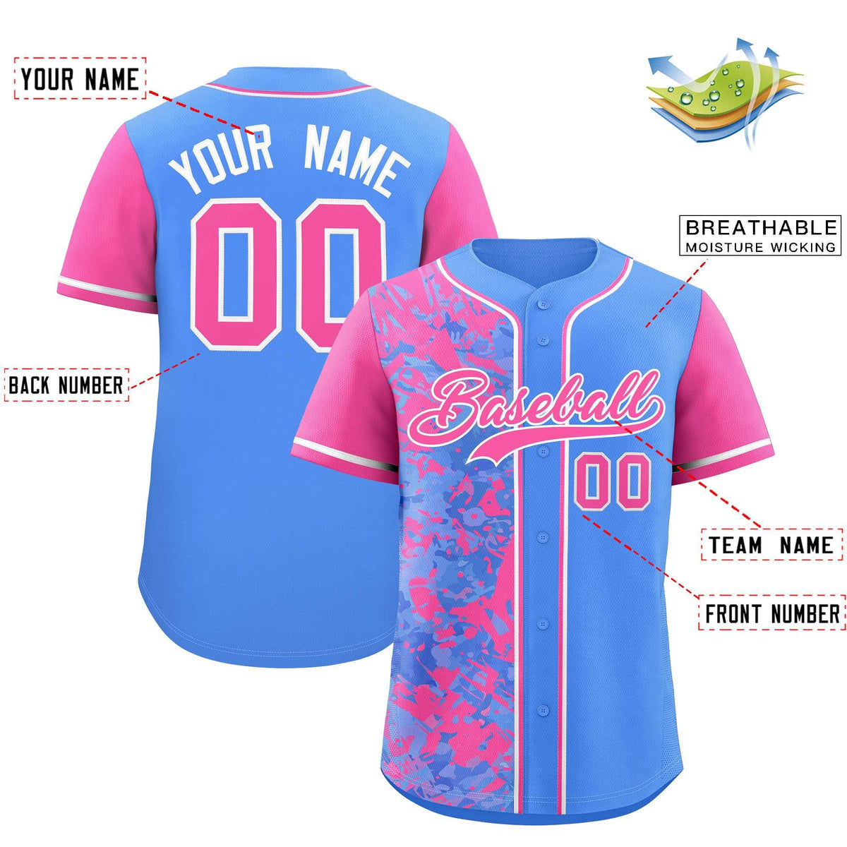 Custom Blue Pink Split Personalized Graffiti Raglan Sleeve Authentic Baseball Jersey