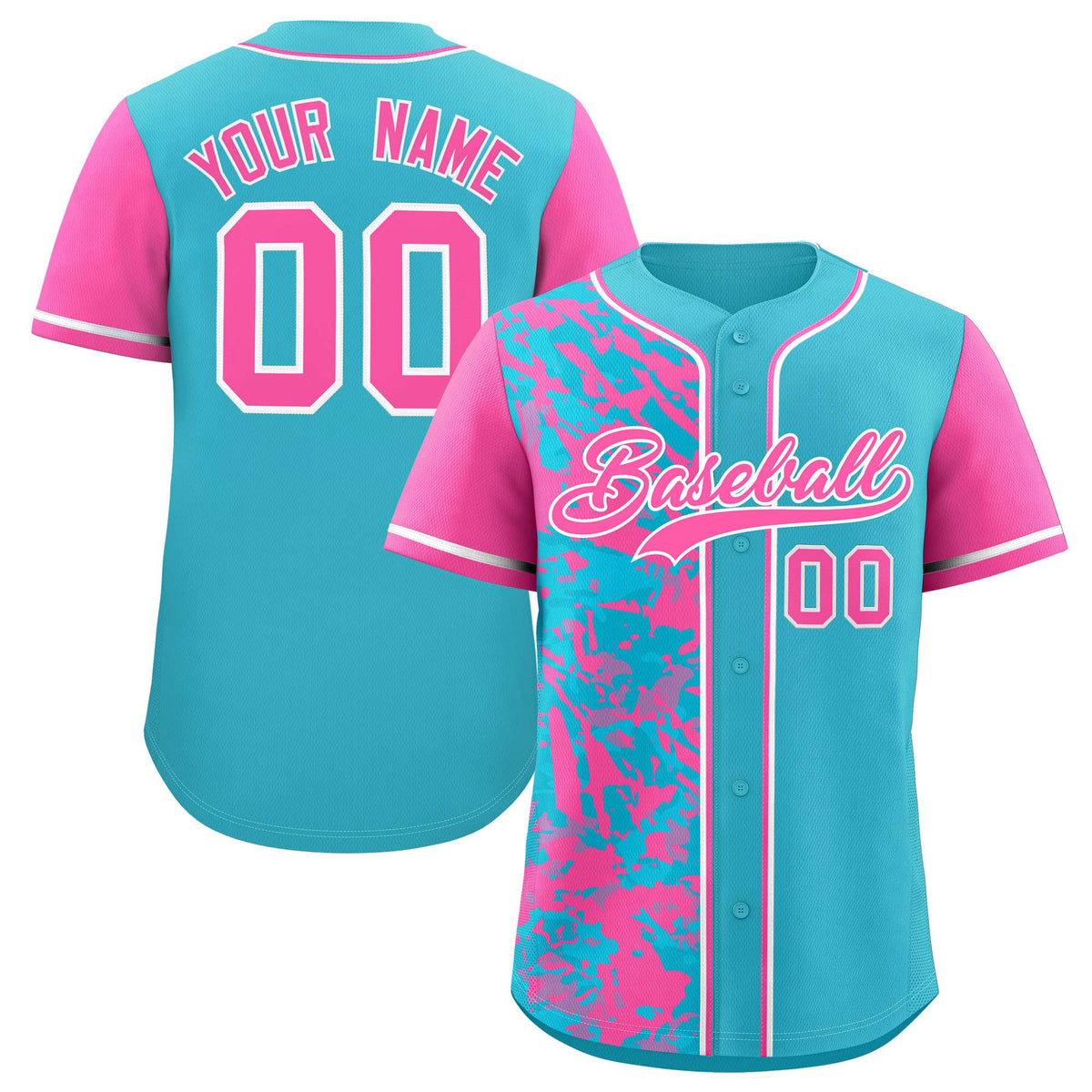 Custom Sky Blue Pink Split Personalized Graffiti Raglan Sleeve Authentic Baseball Jersey