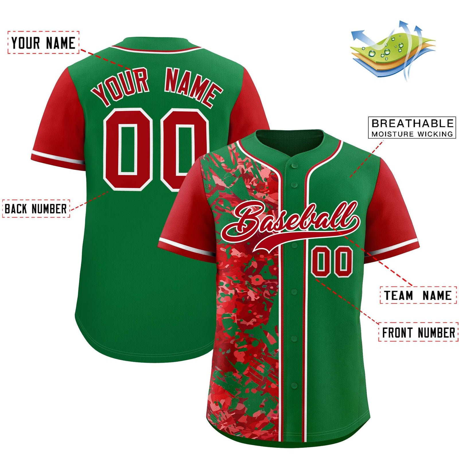 Custom Green Red Split Personalized Graffiti Raglan Sleeve Authentic Baseball Jersey