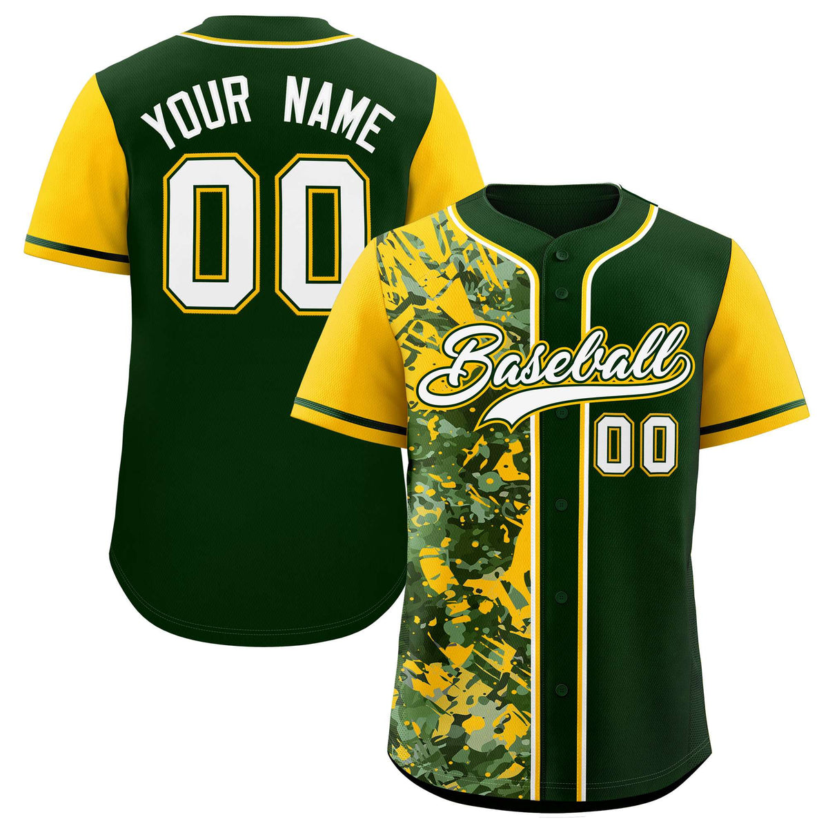 Custom Green Yellow Split Personalized Graffiti Raglan Sleeve Authentic Baseball Jersey