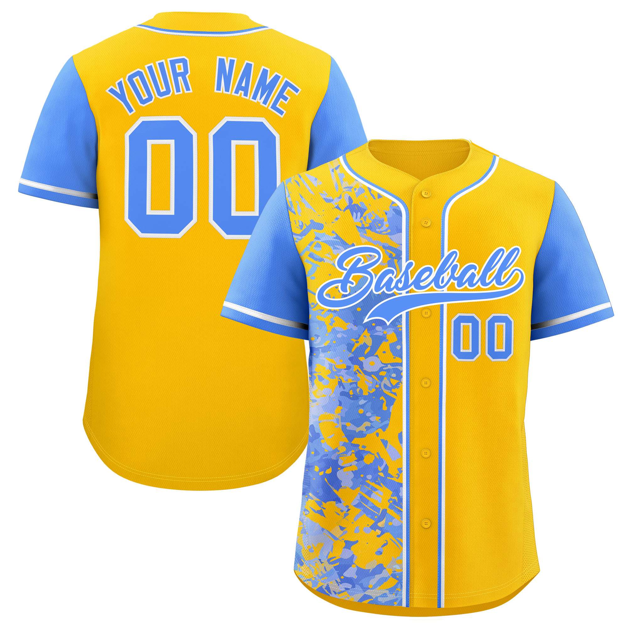Custom Yellow Powder Blue Split Personalized Graffiti Raglan Sleeve Authentic Baseball Jersey