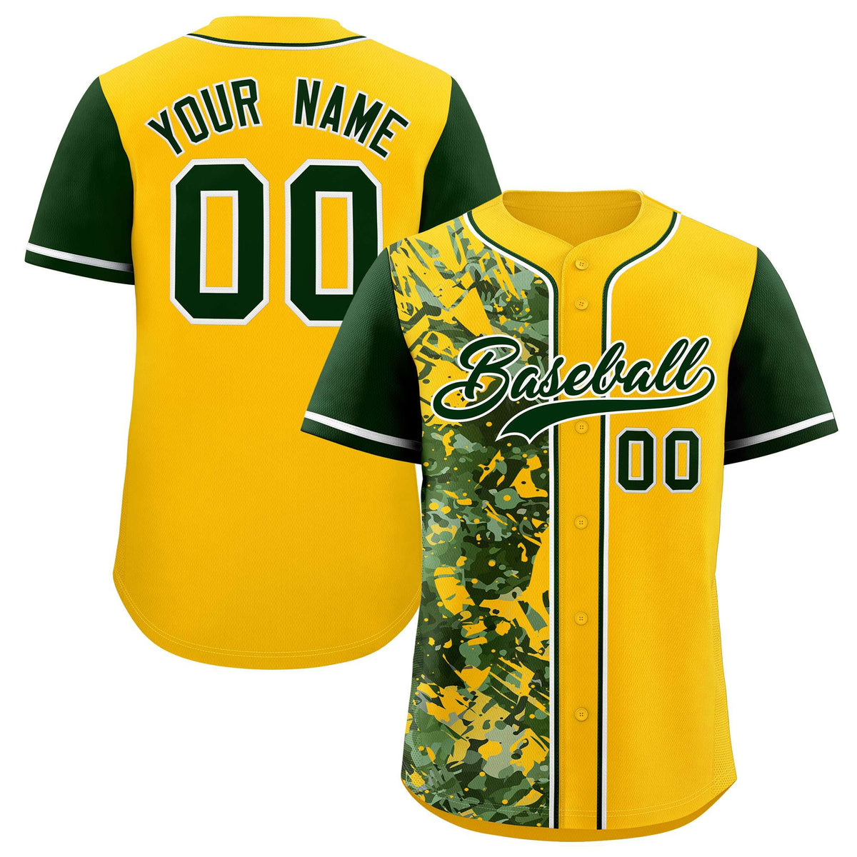 Custom Yellow Green Split Personalized Graffiti Raglan Sleeve Authentic Baseball Jersey