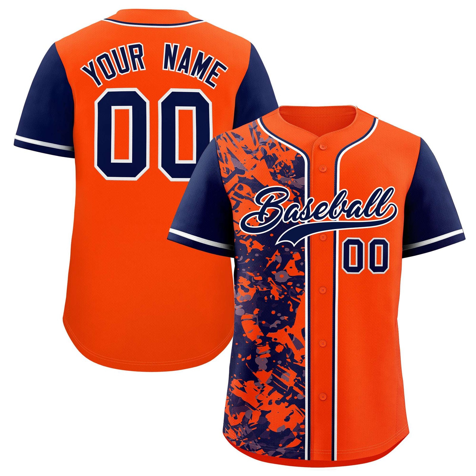 Custom Orange Navy Split Personalized Graffiti Raglan Sleeve Authentic Baseball Jersey